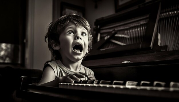 Niño músico tocando la tecla del piano con concentración generada por IA