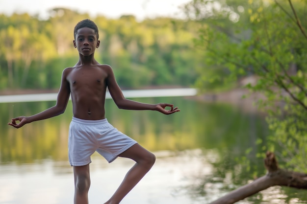 Foto gratuita niño negro practicando yoga