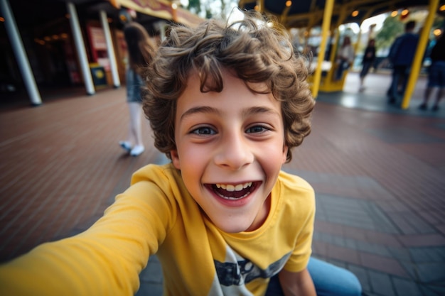 Foto gratuita niño en un parque temático expresión feliz y sorprendida