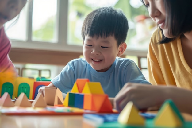 Foto gratuita niño pequeño con autismo jugando con su familia