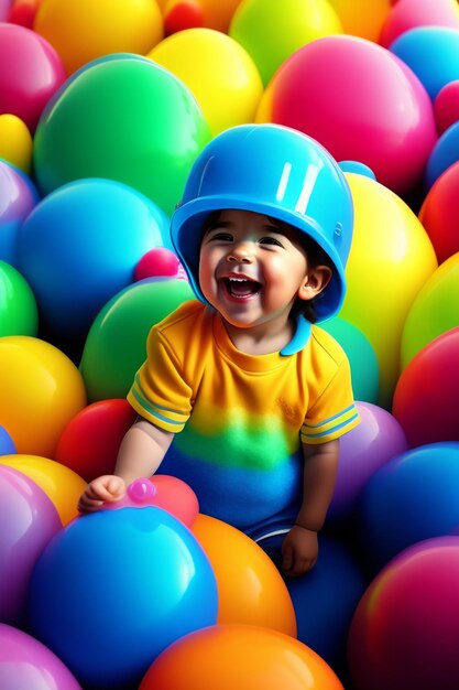 Un niño pequeño con una camisa colorida está rodeado de bolas coloridas.