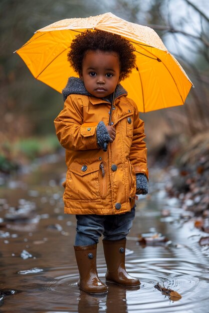 Niño pequeño disfrutando de la felicidad infantil jugando en el charco de agua después de la lluvia