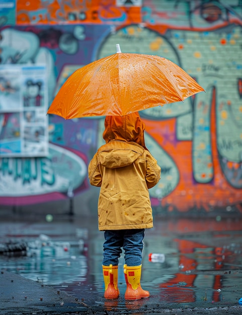 Niño pequeño disfrutando de la felicidad infantil jugando en el charco de agua después de la lluvia