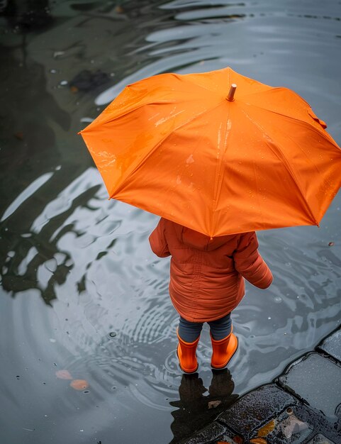 Niño pequeño disfrutando de la felicidad infantil jugando en el charco de agua después de la lluvia