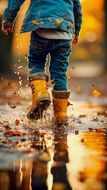 Niño pequeño disfrutando de la felicidad infantil jugando en el charco de agua después de la lluvia