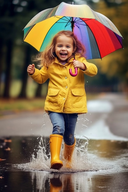 Foto gratuita niño pequeño disfrutando de la felicidad infantil jugando en el charco de agua después de la lluvia
