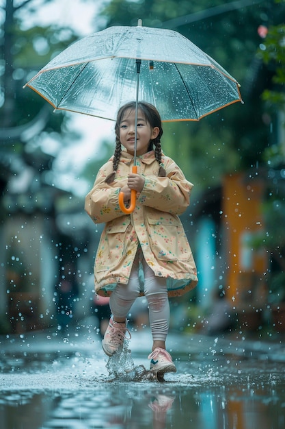 Niño pequeño disfrutando de la felicidad infantil jugando en el charco de agua después de la lluvia