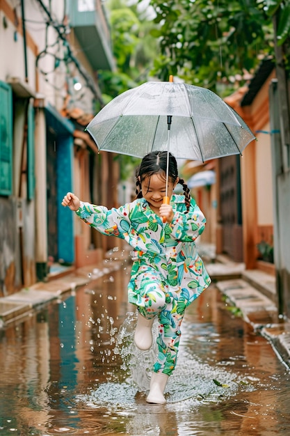 Niño pequeño disfrutando de la felicidad infantil jugando en el charco de agua después de la lluvia