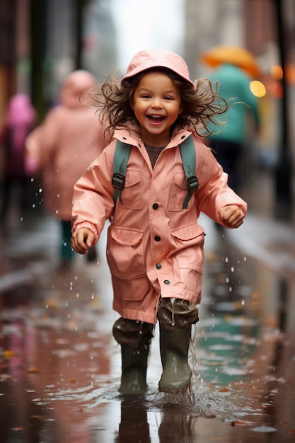 Niño pequeño disfrutando de la felicidad infantil jugando en el charco de agua después de la lluvia