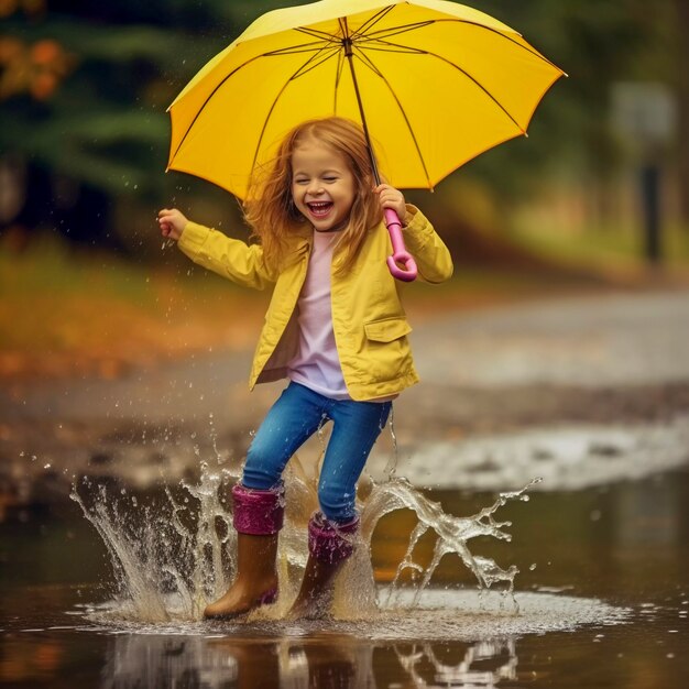 Niño pequeño disfrutando de la felicidad infantil jugando en el charco de agua después de la lluvia