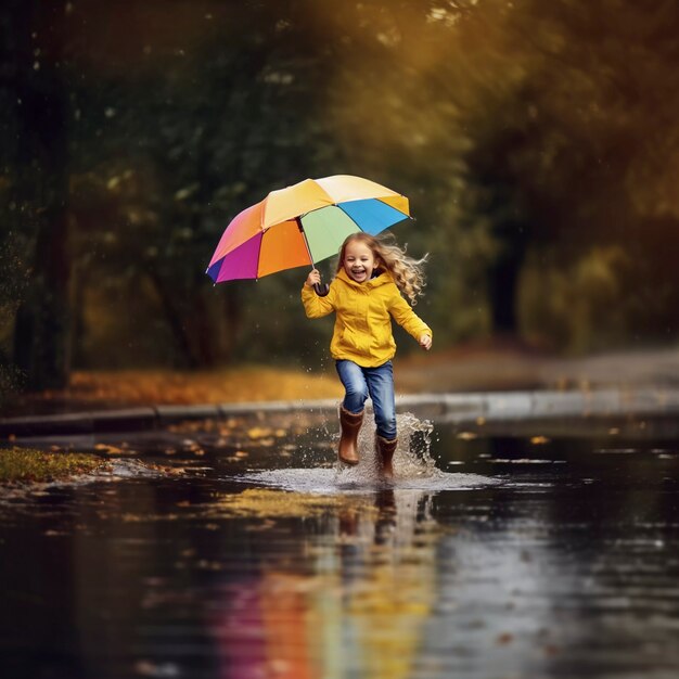 Niño pequeño disfrutando de la felicidad infantil jugando en el charco de agua después de la lluvia