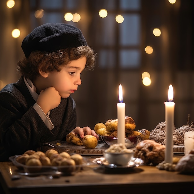 Foto gratuita niño pequeño en la mesa de la cena de hanukkah con comida deliciosa