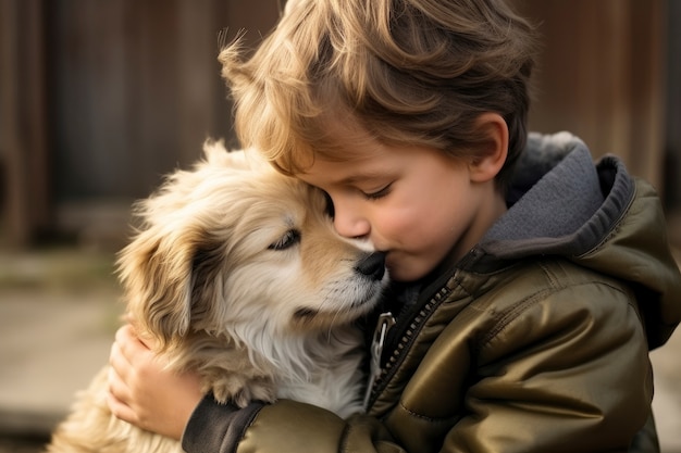 Foto gratuita un niño pequeño mostrando afecto a su perro de compañía