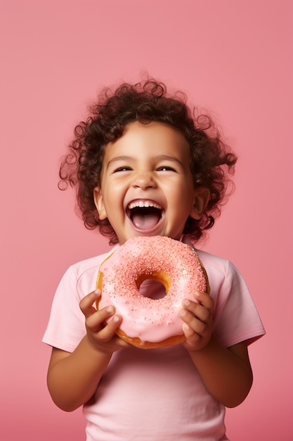 Niño pequeño con rosquilla esmaltada