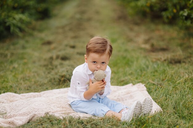 Niño pequeño sentado en cuadros de picnic en el jardín de la cabaña