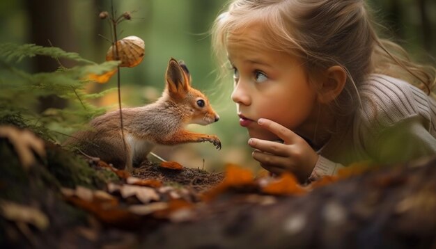 Niño pequeño sosteniendo un conejo esponjoso en el bosque de otoño generado por IA