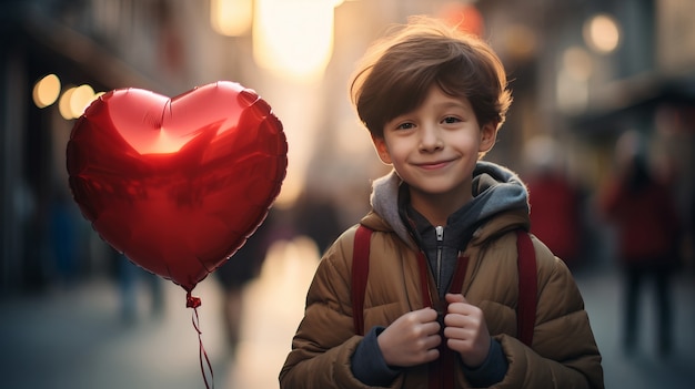 Niño pequeño sosteniendo un globo de corazón rojo
