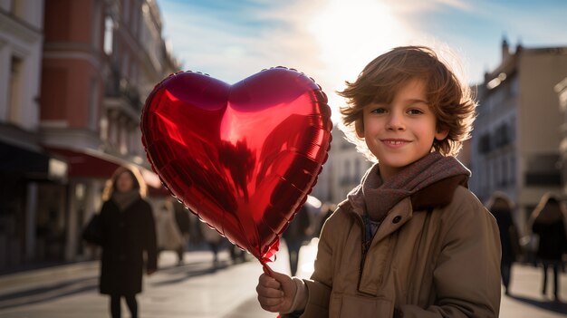 Niño pequeño sosteniendo un globo de corazón rojo