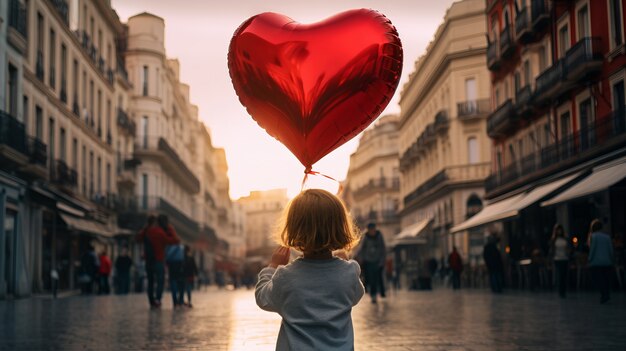 Niño pequeño sosteniendo un globo en forma de corazón en la ciudad