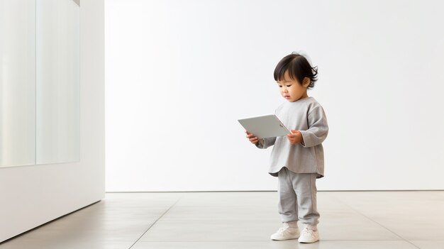 Niño pequeño de tiro completo con tableta