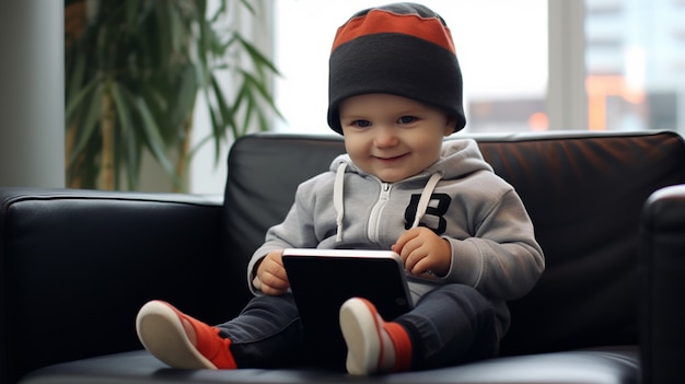 Niño pequeño de tiro completo con tableta