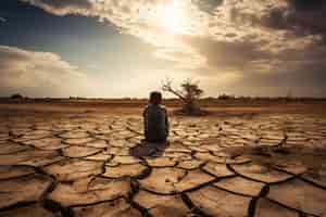 Foto gratuita un niño permanece en un paisaje de sequía extrema