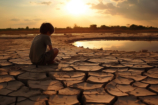 Un niño permanece en un paisaje de sequía extrema
