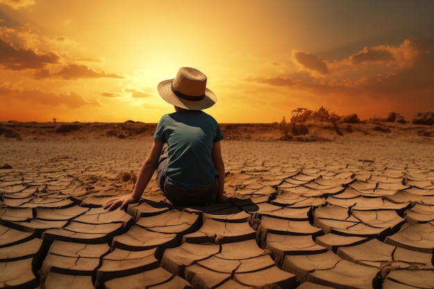 Foto gratuita un niño permanece en un paisaje de sequía extrema