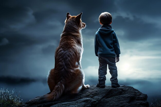 niño y perro mirando la luna en el cielo imagen generada por IA