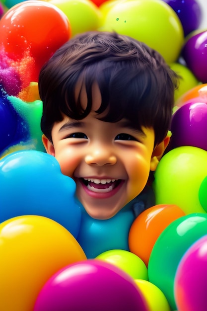 Foto gratuita un niño en una piscina de bolas con un globo de colores del arco iris.