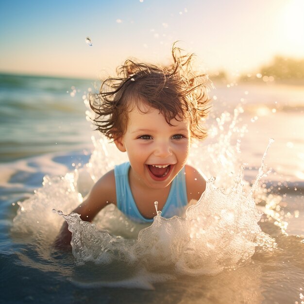 Niño de plano medio relajándose en la playa.