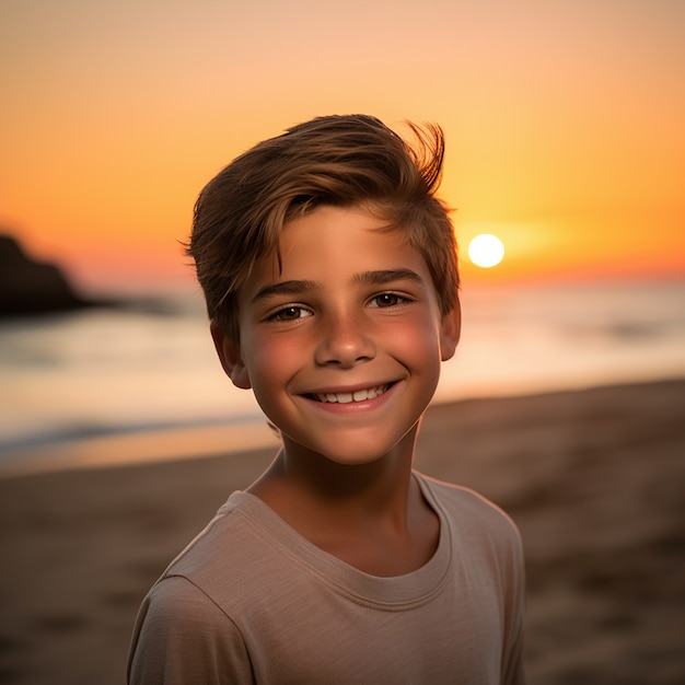 Niño de plano medio relajándose en la playa.