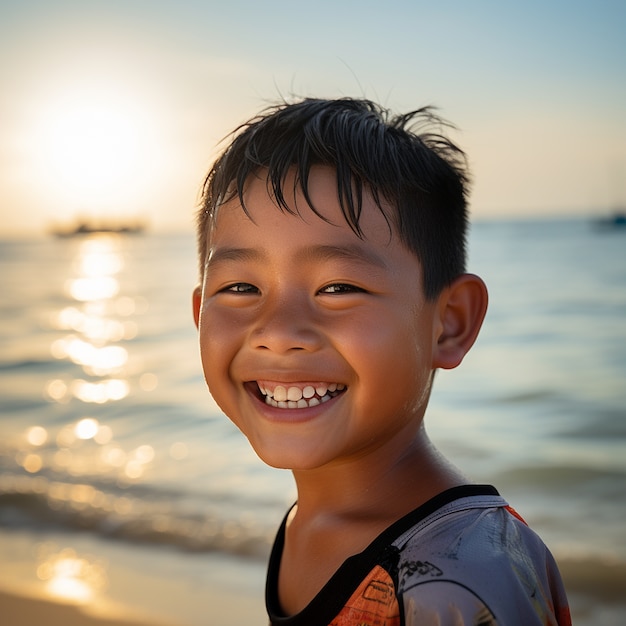 Niño de plano medio relajándose en la playa.