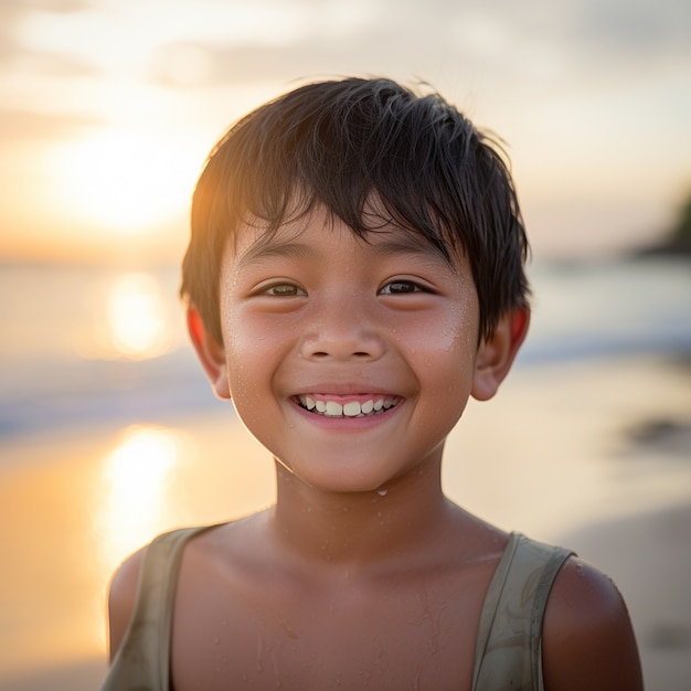 Niño de plano medio relajándose en la playa.