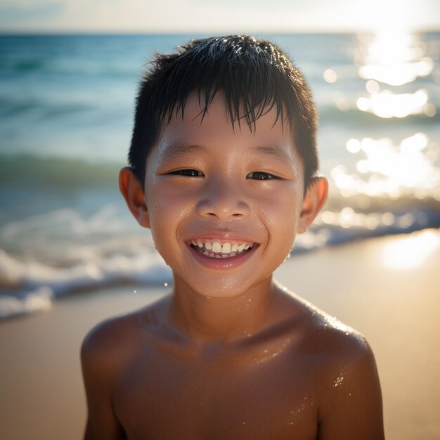 Niño de plano medio relajándose en la playa.