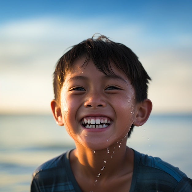 Foto gratuita niño de plano medio relajándose en la playa.