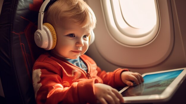 Niño de plano medio con tableta en avión