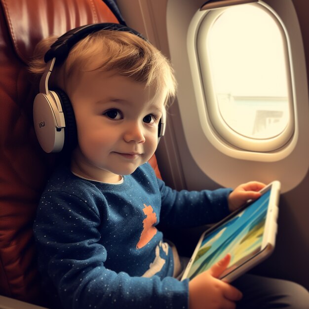 Niño de plano medio con tableta en avión