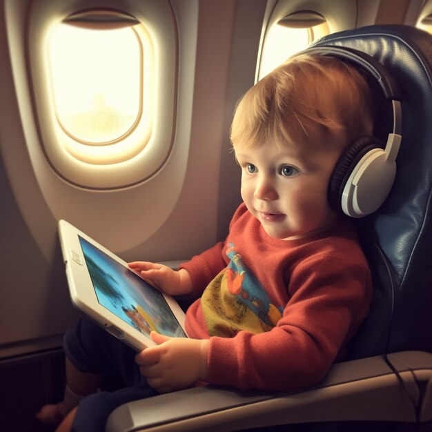 Niño de plano medio con tableta en avión