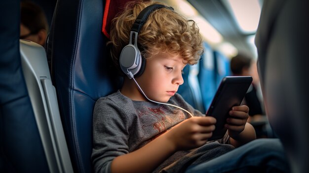 Niño de plano medio con teléfono inteligente en avión