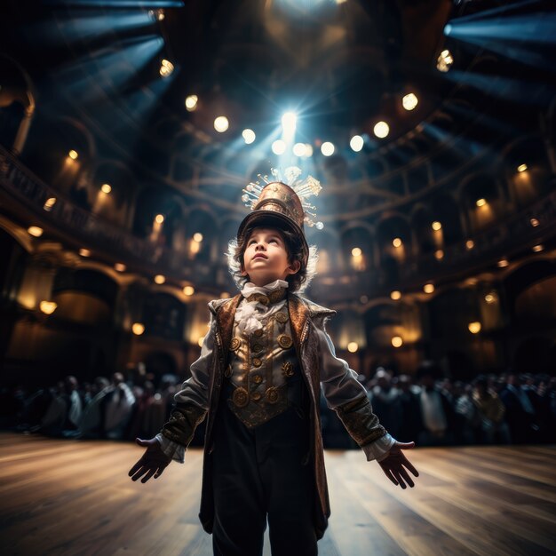 Niño realizando una obra de teatro en el escenario para el día del teatro de palabras