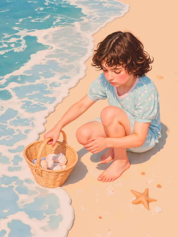 Niño recogiendo conchas en la playa