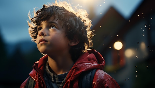 Foto gratuita un niño sonriendo mirando la naturaleza disfrutando de la aventura al aire libre generada por la inteligencia artificial