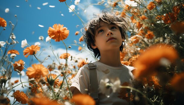 Niño sonriente disfruta de la naturaleza jugando al aire libre en un hermoso prado generado por inteligencia artificial