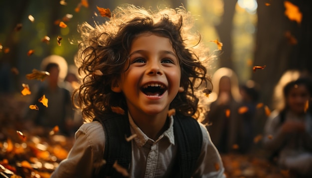 Foto gratuita niño sonriente disfruta del otoño al aire libre lúdico y alegre generado por inteligencia artificial