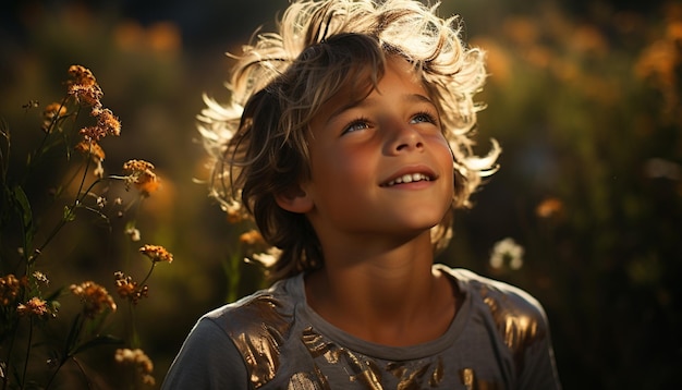 Foto gratuita niño sonriente disfruta de un verano despreocupado jugando al aire libre en la naturaleza generada por la inteligencia artificial