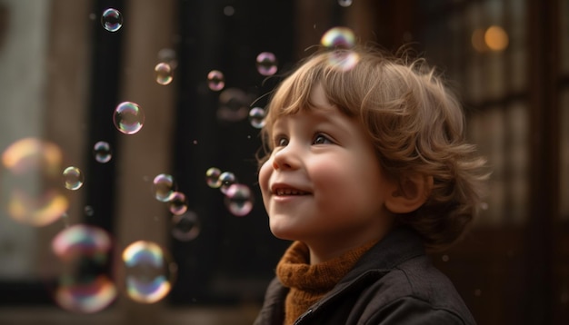 Foto gratuita niño sonriente haciendo burbujas en la belleza de la naturaleza generada por ia