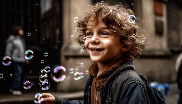 Foto gratuita niño sonriente jugando al aire libre despreocupado y feliz generado por ia