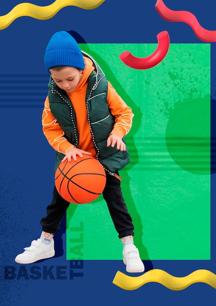 Niño de tiro completo jugando baloncesto