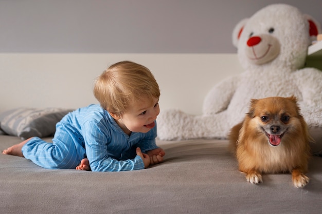 Foto gratuita niño de tiro completo jugando con perro